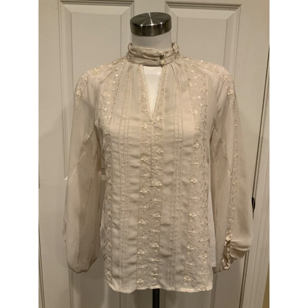 Tiny Tan & Cream Embroidered High Neck Blouse, Size S